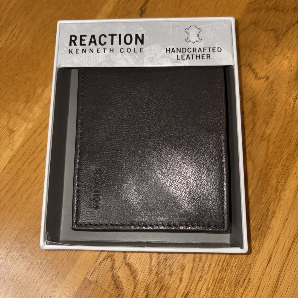 Reaction Kenneth Cole Mens Brown Handcrafted Leather Bifold Gift Box Wallet NEW